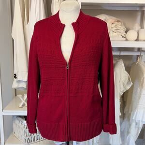 Christopher & Banks Womens Sz L Red Zip Front Sweater w/ Fair isle detail  #3135